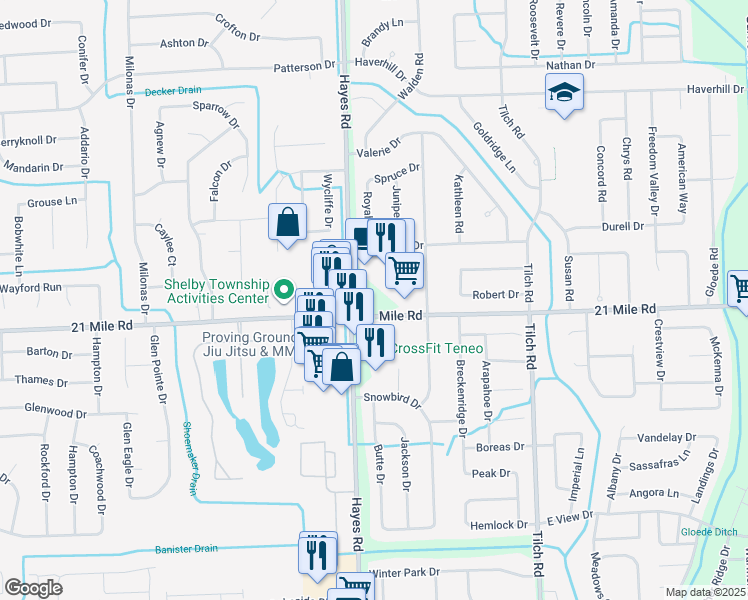 map of restaurants, bars, coffee shops, grocery stores, and more near 47100 Hayes Road in Macomb