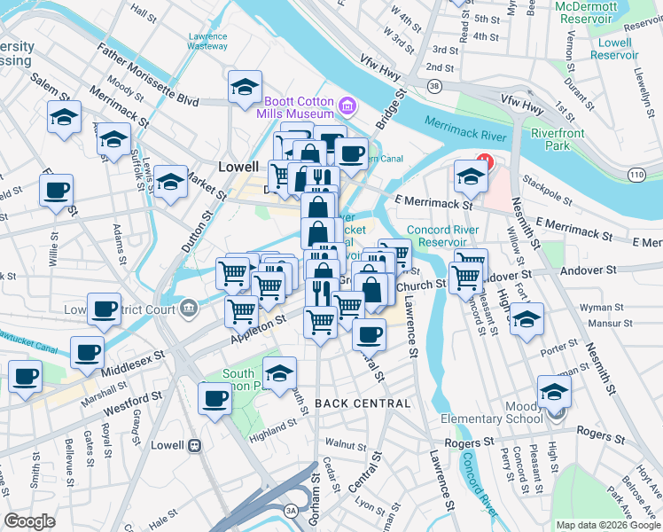 map of restaurants, bars, coffee shops, grocery stores, and more near in Lowell