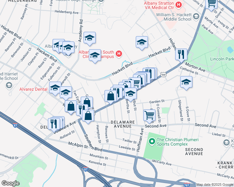 map of restaurants, bars, coffee shops, grocery stores, and more near 391 Delaware Ave in Albany