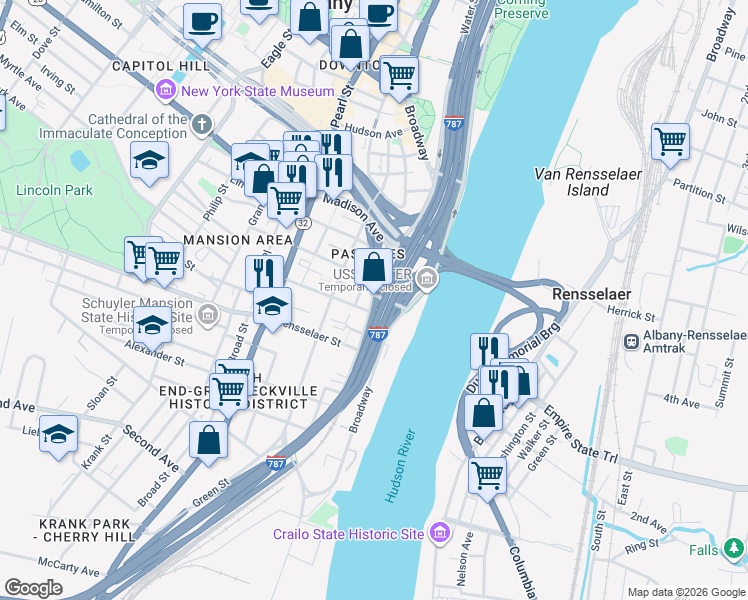 map of restaurants, bars, coffee shops, grocery stores, and more near 66 Church Street in Albany