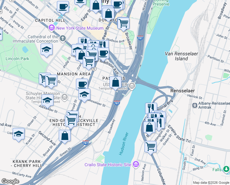 map of restaurants, bars, coffee shops, grocery stores, and more near 66 Church Street in Albany