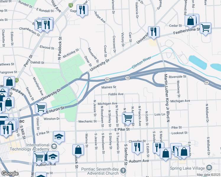 map of restaurants, bars, coffee shops, grocery stores, and more near in Pontiac