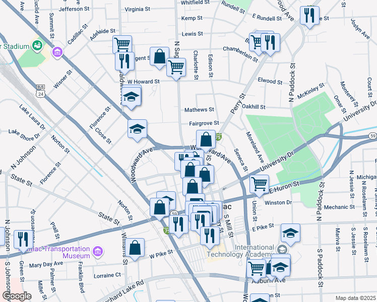 map of restaurants, bars, coffee shops, grocery stores, and more near 180 Carlton Court in Pontiac