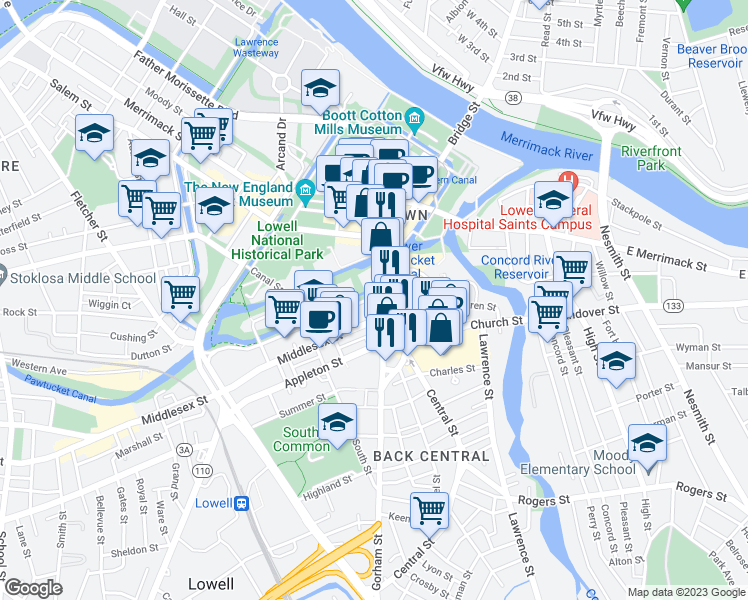 map of restaurants, bars, coffee shops, grocery stores, and more near 24 Jackson Street in Lowell