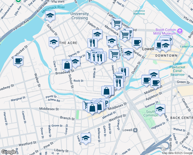 map of restaurants, bars, coffee shops, grocery stores, and more near 95 Rock Street in Lowell