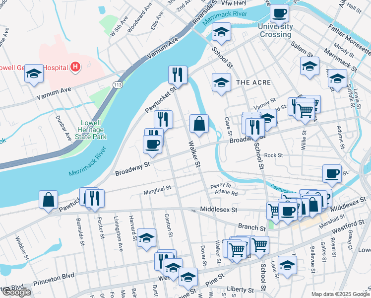 map of restaurants, bars, coffee shops, grocery stores, and more near 804 Broadway Street in Lowell