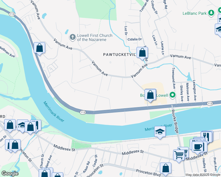 map of restaurants, bars, coffee shops, grocery stores, and more near 83 Boulevard Street in Lowell
