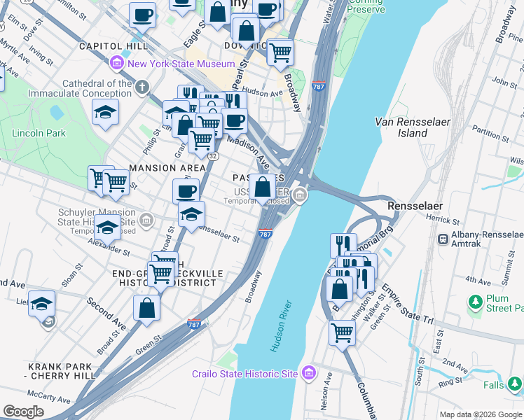 map of restaurants, bars, coffee shops, grocery stores, and more near 50 Church Street in Albany