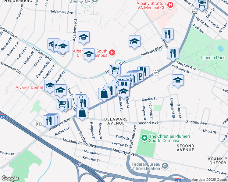 map of restaurants, bars, coffee shops, grocery stores, and more near 391 Delaware Avenue in Albany