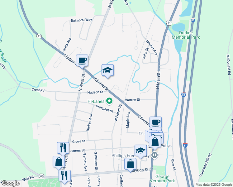 map of restaurants, bars, coffee shops, grocery stores, and more near 48 Clinton Street in Homer