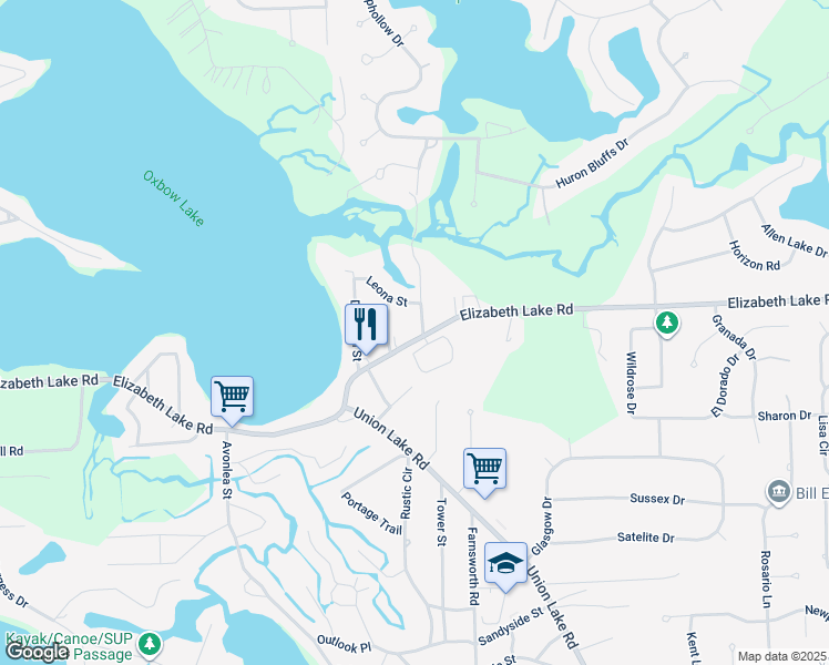 map of restaurants, bars, coffee shops, grocery stores, and more near 9410 Elizabeth Lake Road in White Lake charter Township