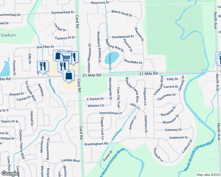 map of restaurants, bars, coffee shops, grocery stores, and more near 46777 Morningside Dr in Macomb