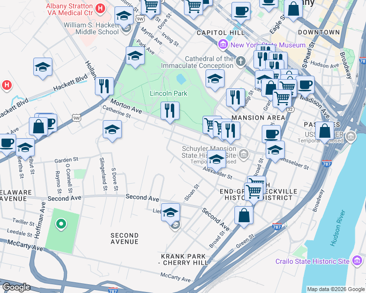 map of restaurants, bars, coffee shops, grocery stores, and more near 93 Delaware Street in Albany