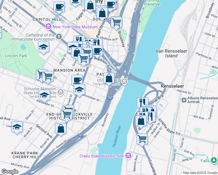 map of restaurants, bars, coffee shops, grocery stores, and more near 50 Church Street in Albany