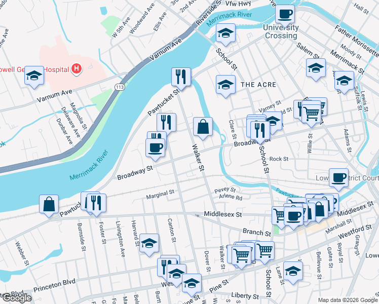 map of restaurants, bars, coffee shops, grocery stores, and more near 804 Broadway Street in Lowell