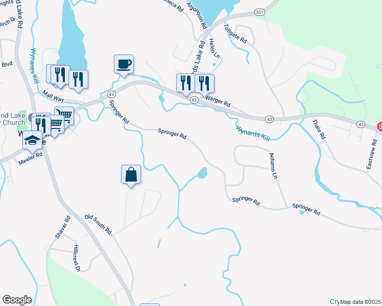 map of restaurants, bars, coffee shops, grocery stores, and more near 215 Springer Road in West Sand Lake