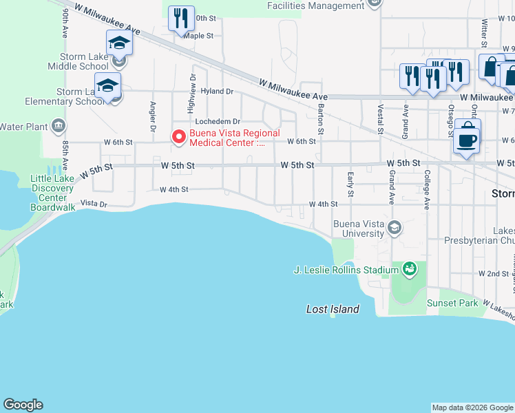 map of restaurants, bars, coffee shops, grocery stores, and more near 1310 West 4th Street in Storm Lake