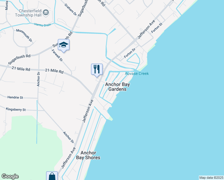 map of restaurants, bars, coffee shops, grocery stores, and more near 46684 Roselane Drive in New Baltimore
