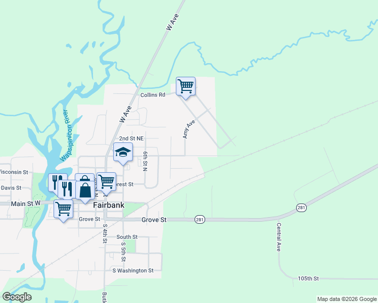 map of restaurants, bars, coffee shops, grocery stores, and more near 401 Amy Avenue in Fairbank