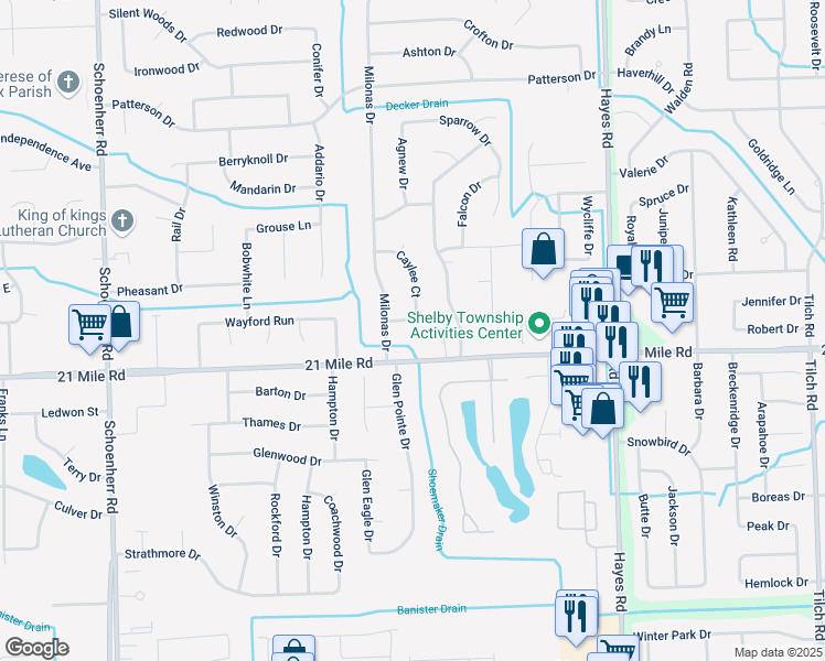map of restaurants, bars, coffee shops, grocery stores, and more near 14568 Fairfax Drive in Macomb County