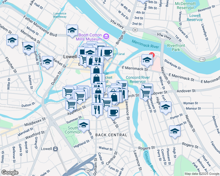 map of restaurants, bars, coffee shops, grocery stores, and more near 21 George Street in Lowell