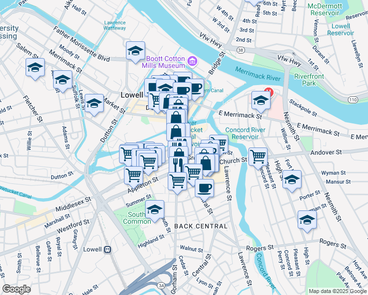 map of restaurants, bars, coffee shops, grocery stores, and more near in Lowell