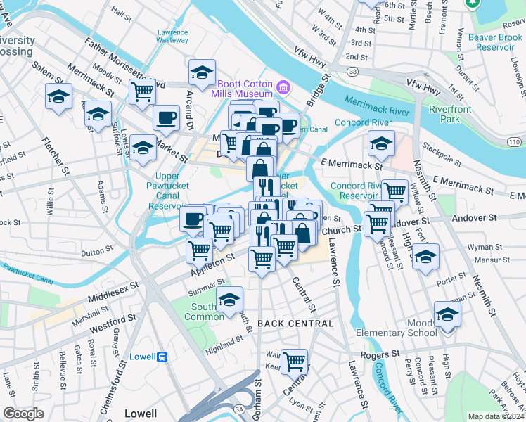 map of restaurants, bars, coffee shops, grocery stores, and more near in Lowell