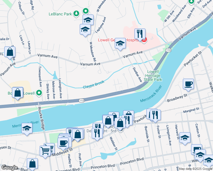 map of restaurants, bars, coffee shops, grocery stores, and more near 347 Pawtucket Boulevard in Lowell