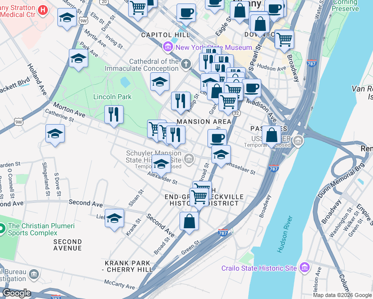 map of restaurants, bars, coffee shops, grocery stores, and more near 23 Catherine Street in Albany