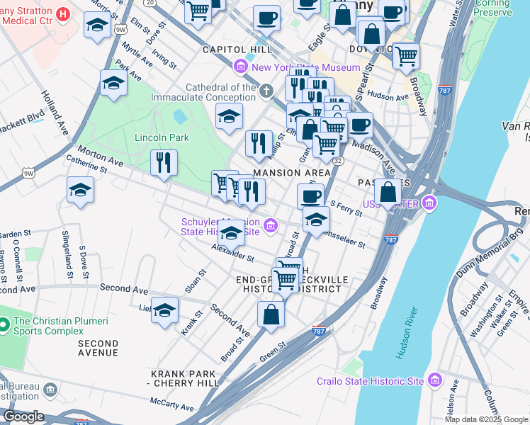 map of restaurants, bars, coffee shops, grocery stores, and more near 23 Catherine Street in Albany