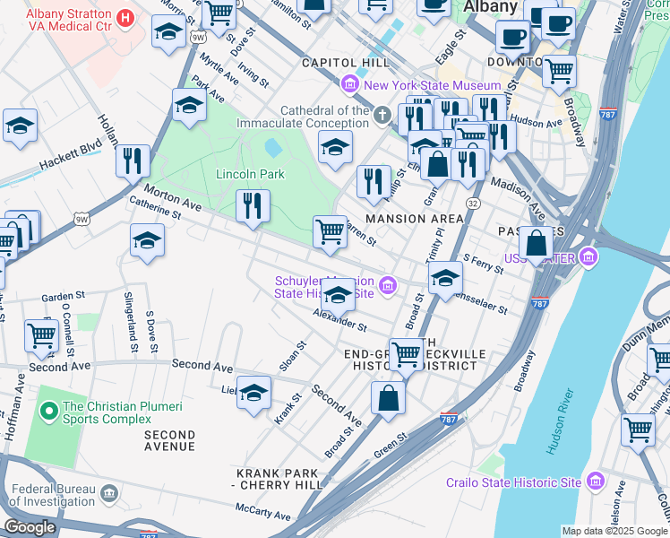 map of restaurants, bars, coffee shops, grocery stores, and more near 31 Osborne Street in Albany