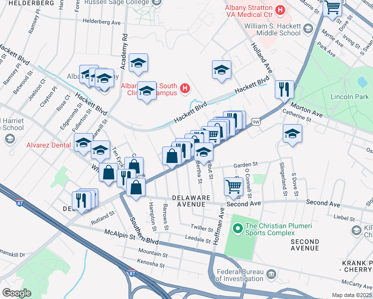 map of restaurants, bars, coffee shops, grocery stores, and more near 391 Delaware Avenue in Albany