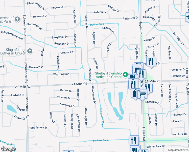 map of restaurants, bars, coffee shops, grocery stores, and more near 14568 Fairfax Drive in Macomb County