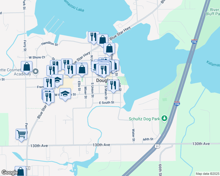 map of restaurants, bars, coffee shops, grocery stores, and more near 36 East Randolph Street in Douglas