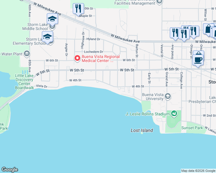 map of restaurants, bars, coffee shops, grocery stores, and more near 1310 Shoreway Road in Storm Lake