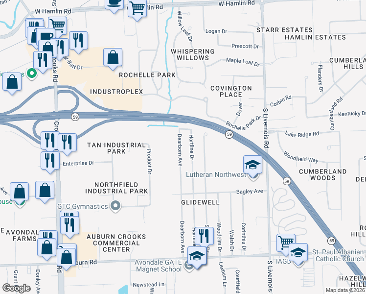 map of restaurants, bars, coffee shops, grocery stores, and more near 2607 Dearborn Avenue in Rochester Hills