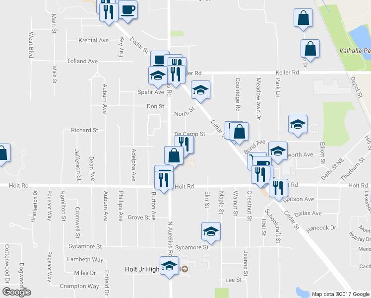 map of restaurants, bars, coffee shops, grocery stores, and more near 2074 North Aurelius Road in Delhi charter Township