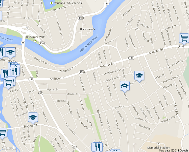 map of restaurants, bars, coffee shops, grocery stores, and more near 43 Guild Street in Lowell