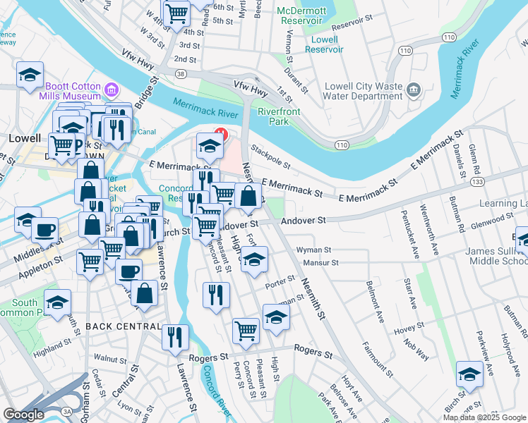 map of restaurants, bars, coffee shops, grocery stores, and more near 87 Nesmith Street in Lowell