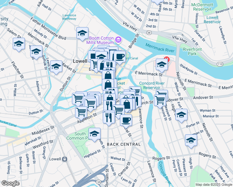 map of restaurants, bars, coffee shops, grocery stores, and more near 21 George Street in Lowell