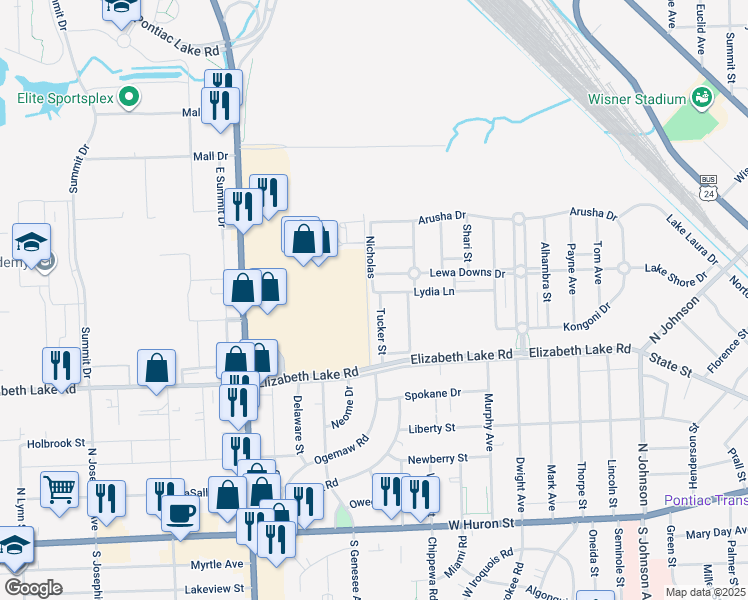 map of restaurants, bars, coffee shops, grocery stores, and more near 237 Tucker Street in Pontiac