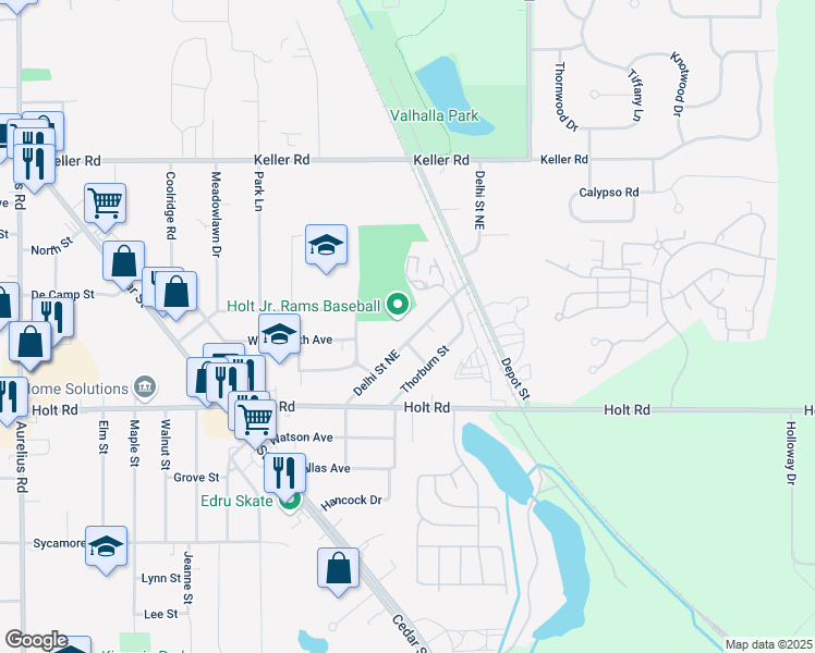 map of restaurants, bars, coffee shops, grocery stores, and more near 2069 Delhi Street Northeast in Delhi charter Township