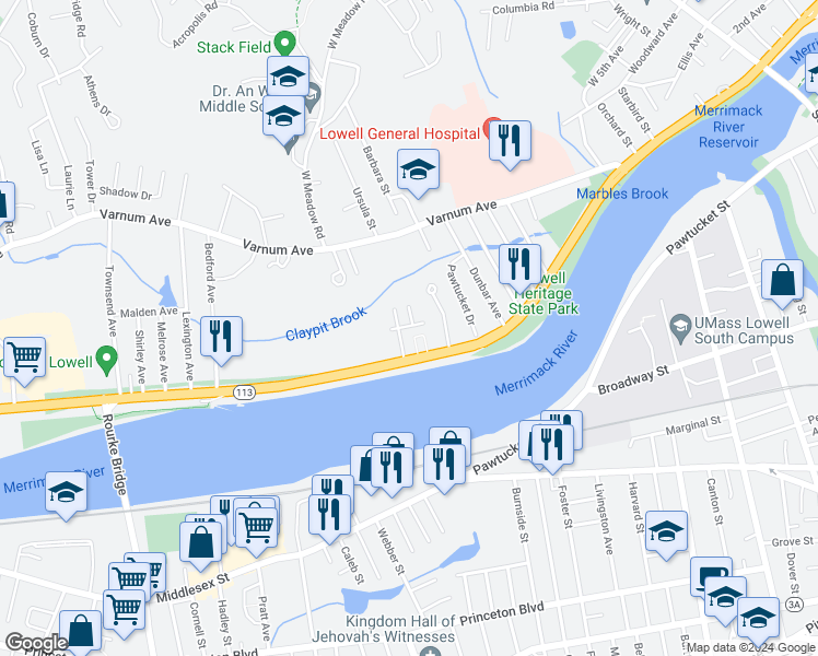 map of restaurants, bars, coffee shops, grocery stores, and more near 341 Pawtucket Boulevard in Lowell
