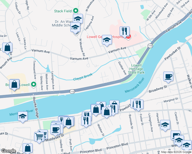 map of restaurants, bars, coffee shops, grocery stores, and more near 347 Pawtucket Boulevard in Lowell