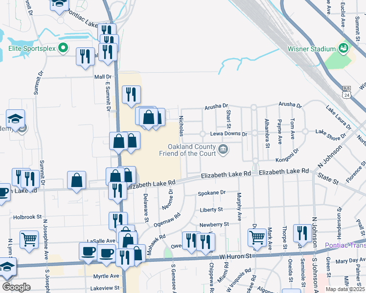 map of restaurants, bars, coffee shops, grocery stores, and more near 237 Tucker Street in Pontiac