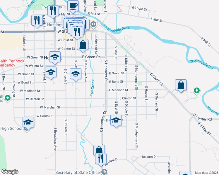 map of restaurants, bars, coffee shops, grocery stores, and more near 420 East Madison Street in Hastings