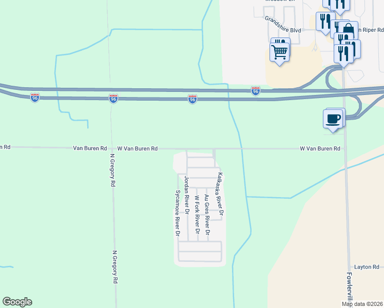 map of restaurants, bars, coffee shops, grocery stores, and more near 8648 Kalamazoo River Drive in Fowlerville