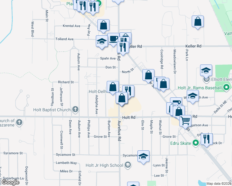 map of restaurants, bars, coffee shops, grocery stores, and more near 2073 Aurelius Rd in Delhi Charter Township