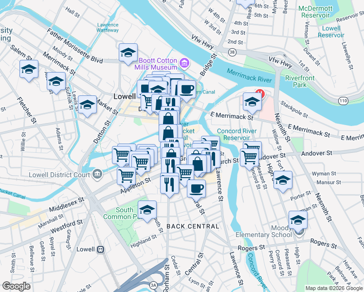 map of restaurants, bars, coffee shops, grocery stores, and more near 21 Hurd Street in Lowell