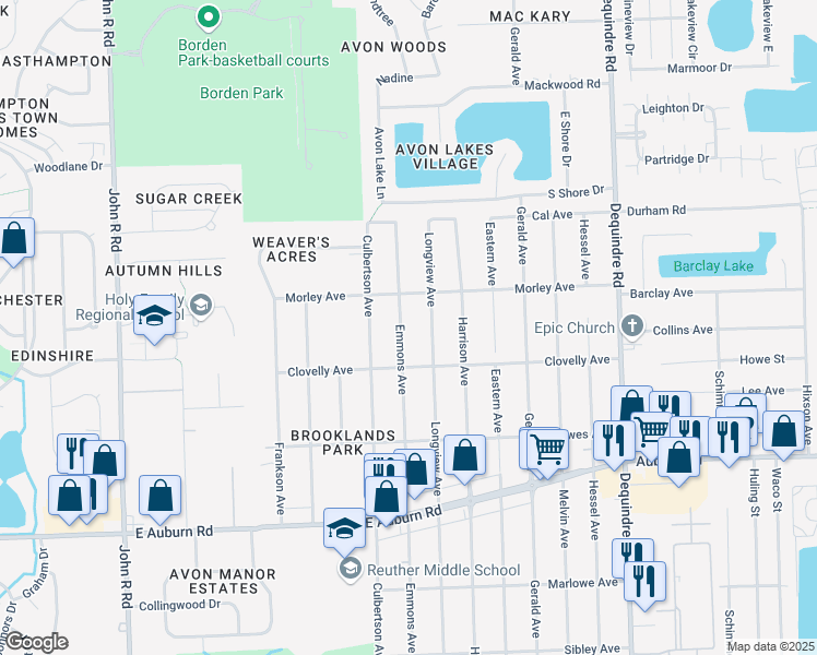 map of restaurants, bars, coffee shops, grocery stores, and more near 2624 Longview Avenue in Rochester Hills